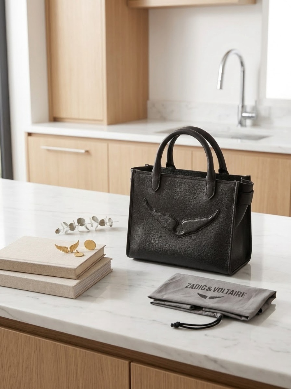 Zadig & Voltaire Black Leather Structured Satchel with Wing Motif